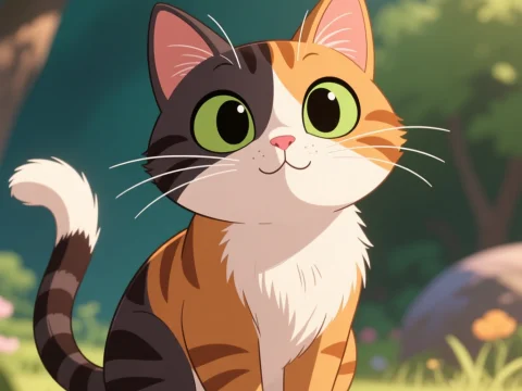 Cute Calico Cat with Big Green Eyes in Animated Style