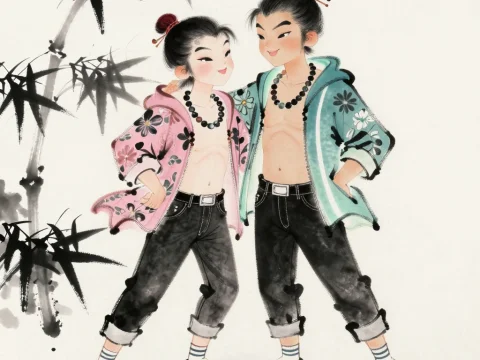 Cute Caricature Couple in Floral Jackets
