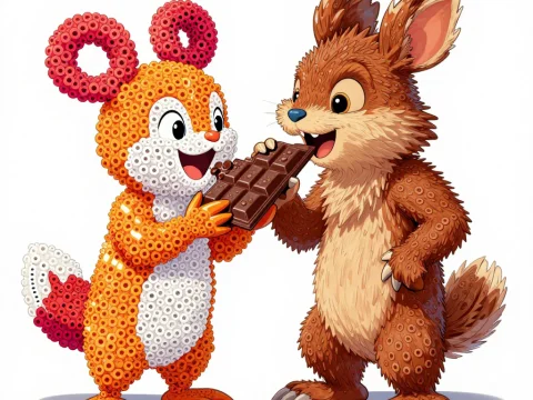 Cute Cartoon Animals Sharing Chocolate