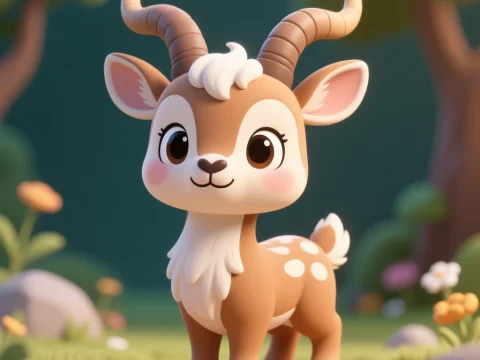 Cute Cartoon Antelope with Big Eyes in Forest