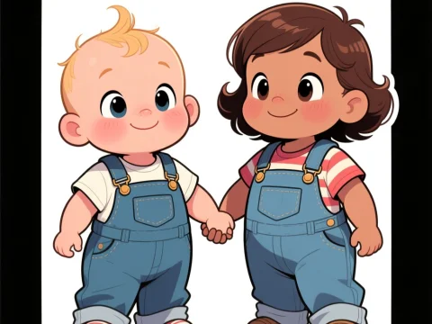 Cute Cartoon Babies Holding Hands
