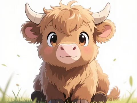 Cute Cartoon Baby Cow Sitting on Grass