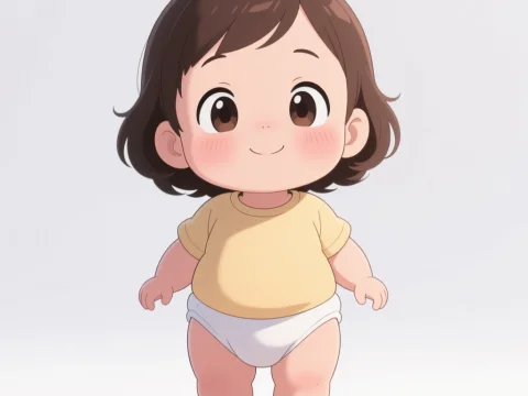 Cute Cartoon Baby with Big Eyes and Soft Expression