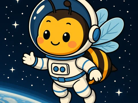 Cute Cartoon Bee Astronaut Floating in Space