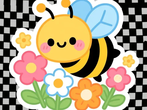 Cute Cartoon Bee with Colorful Flowers