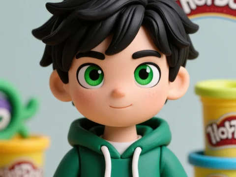 Cute Cartoon Boy in Green Hoodie with Play-Doh Background