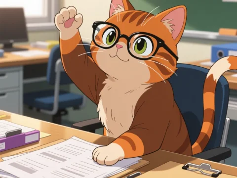 Cute Cartoon Cat Wearing Glasses at Office Desk