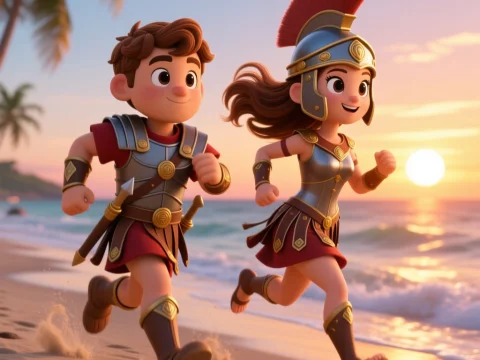 Cute Cartoon Centurions Running on Beach at Sunset