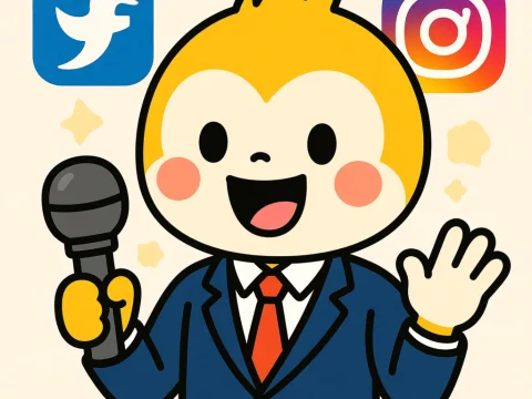 Cute Cartoon Character in Suit Holding Microphone with Social Media Logos