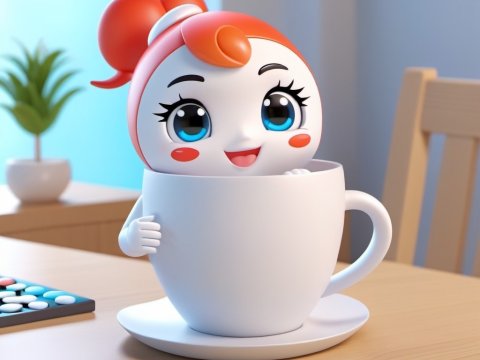 Cute Cartoon Character Peeking from a White Coffee Cup