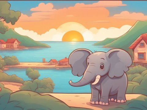 Cute Cartoon Elephant at Sunset by the Lake