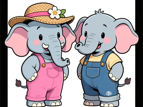 Cute Cartoon Elephants in Overalls and Straw Hat
