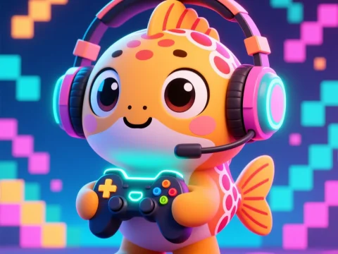 Cute Cartoon Fish Gamer with Headset and Controller