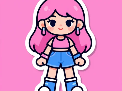 Cute Cartoon Girl with Pink Hair and Blue Outfit