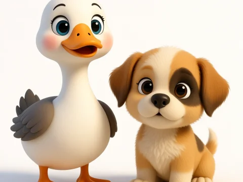Cute Cartoon Goose and Puppy Standing Together