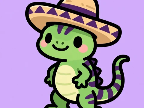 Cute Cartoon Green Lizard Wearing Sombrero