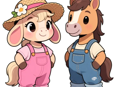 Cute Cartoon Horses in Overalls