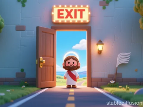 Cute Cartoon Jesus at Exit Door in Peaceful Landscape