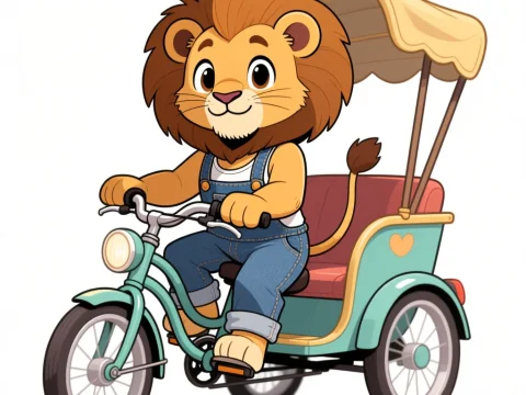 Cute Cartoon Lion Cub Riding a Rickshaw Bicycle