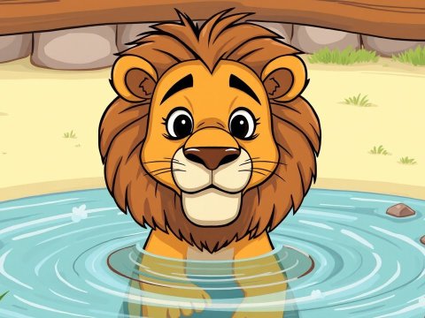 Cute Cartoon Lion in Water