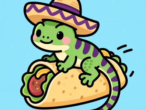 Cute Cartoon Lizard Wearing Sombrero Riding Taco