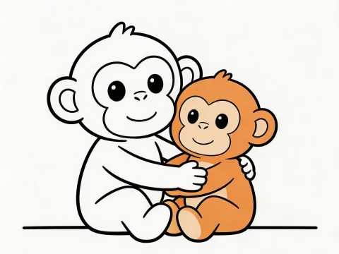 Cute Cartoon Monkey Hugging Stuffed Friend