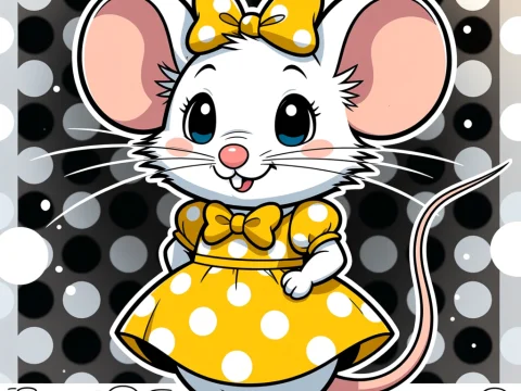 Cute Cartoon Mouse in Yellow Polka Dot Dress