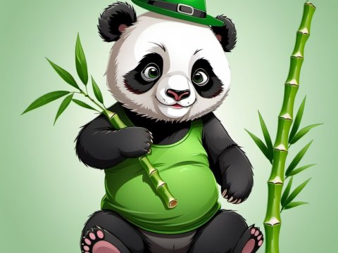Cute Cartoon Panda Wearing Green Hat and Shirt Holding Bamboo