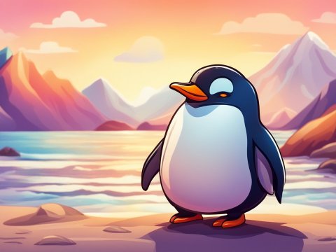 Cute Cartoon Penguin at Sunset by the Mountains