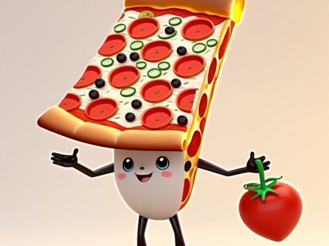 Cute Cartoon Pizza Slice Character Holding Tomato
