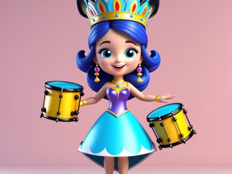 Cute Cartoon Princess with Blue Hair Holding Drums