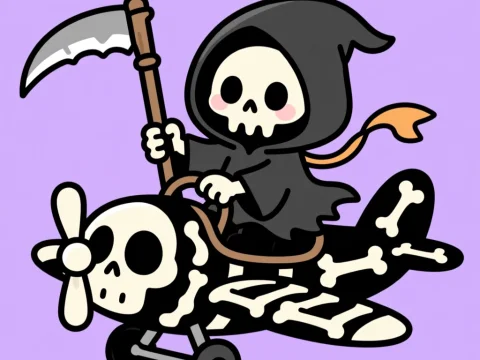 Cute Cartoon Reaper Riding a Skeleton Airplane