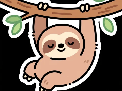 Cute Cartoon Sloth Hanging on Tree Branch