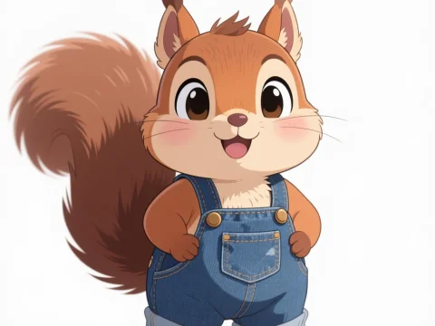 Cute Cartoon Squirrel Wearing Denim Overalls
