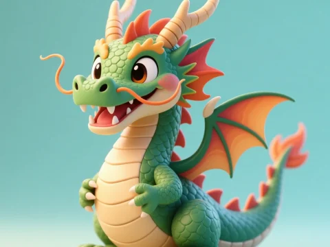 Cute Cartoon Style Green Dragon with Orange Wings