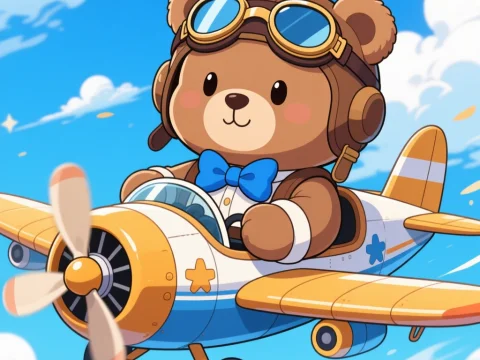 Cute Cartoon Teddy Bear Pilot Flying a Small Airplane