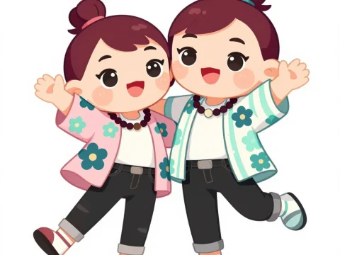 Cute Cartoon Twins in Floral Jackets