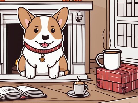 Cute Cartoon Welsh Corgi by Fireplace with Cozy Setting