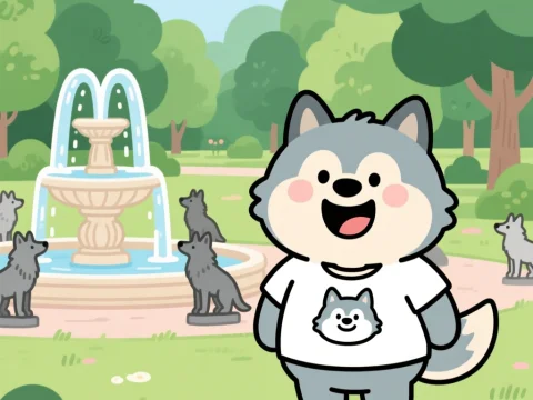 Cute Cartoon Wolf in Park with Fountain and Statues