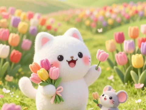 Cute Cat and Mouse with Tulips in a Spring Meadow