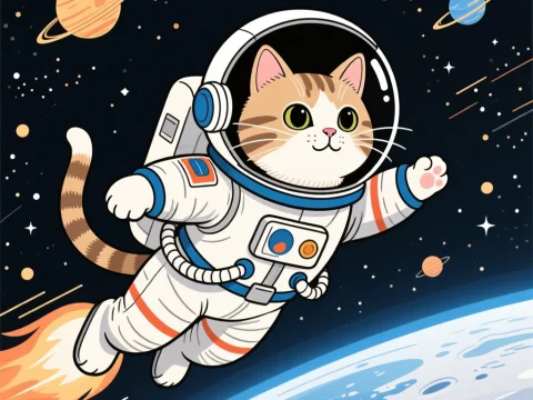 Cute Cat Astronaut Flying in Space