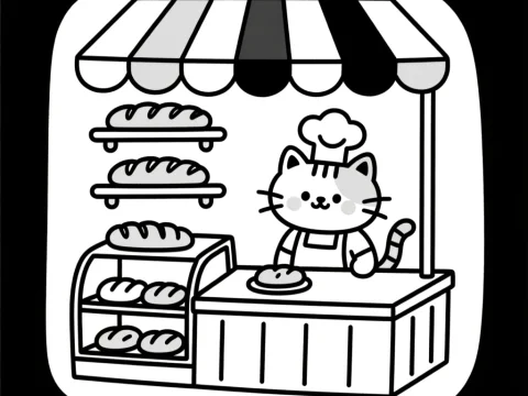Cute Cat Baker at Bread Stall Illustration