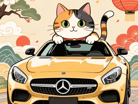 Cute Cat Driving Yellow Mercedes with Japanese Style Background