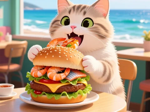 Cute Cat Enjoying a Seafood Burger by the Beach