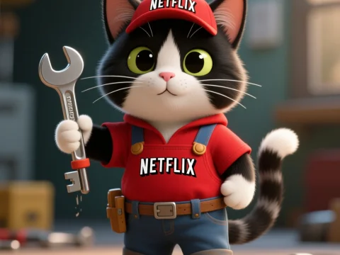 Cute Cat Mechanic Wearing Netflix Outfit Holding Wrench