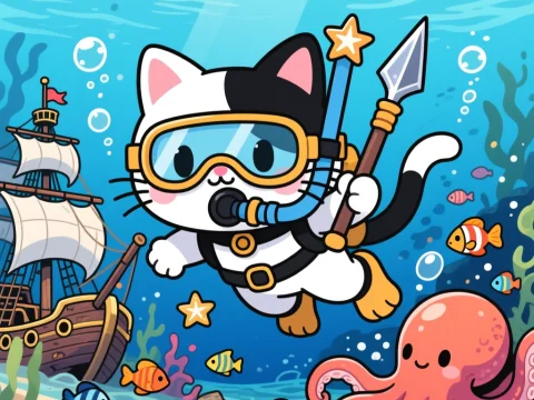 Cute Cat Pirate Diver Underwater Adventure