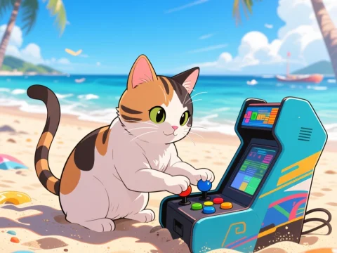 Cute Cat Playing Arcade Game on Tropical Beach