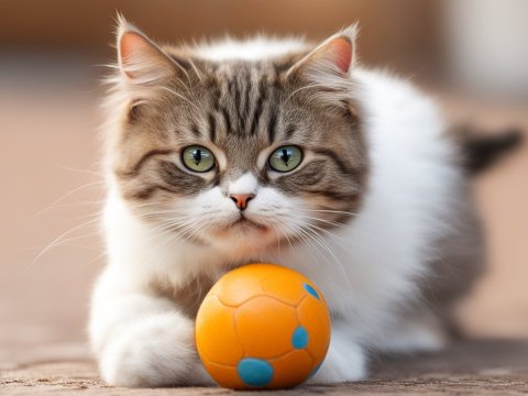 Cute Cat Playing with Orange Ball