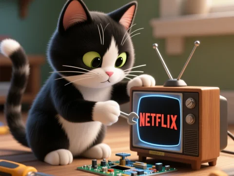 Cute Cat Repairing Vintage TV Displaying Netflix Logo
