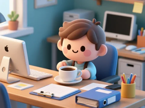 Cute Character Enjoying Coffee in Cozy Office